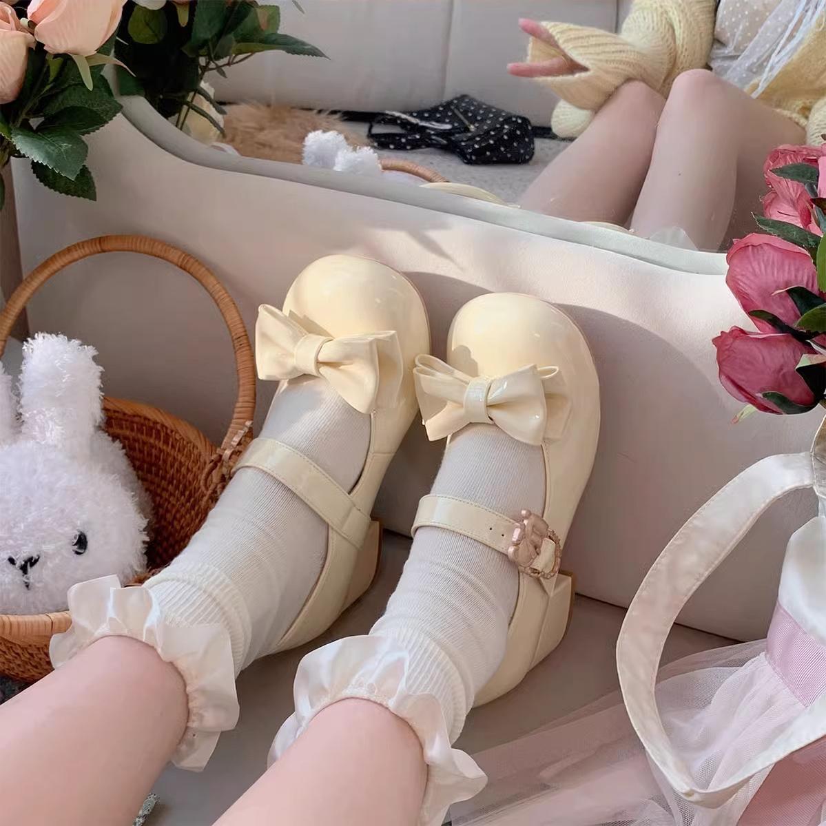 Sheep Puff~Hug Bear~Sweet Lolita Heel Shoes Bear Metal Buckle Bow Shoes 38702:597592