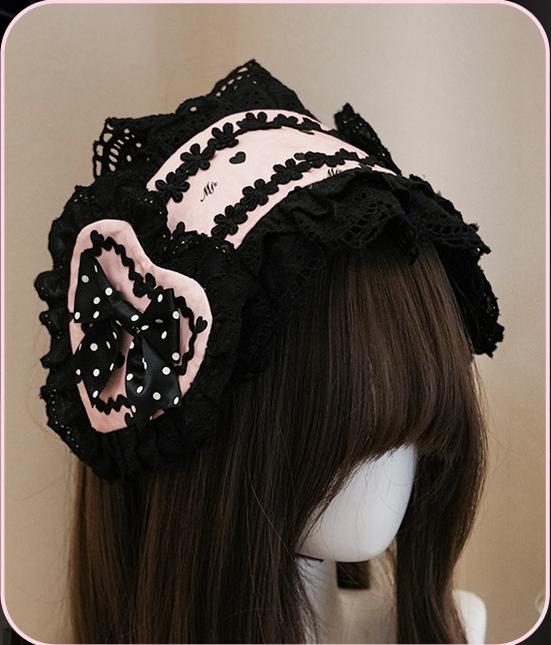 Maiden's Heart Knot - Old School Lolita Polka Dot Bow Accessories with Ruffles Black Pink Hairband