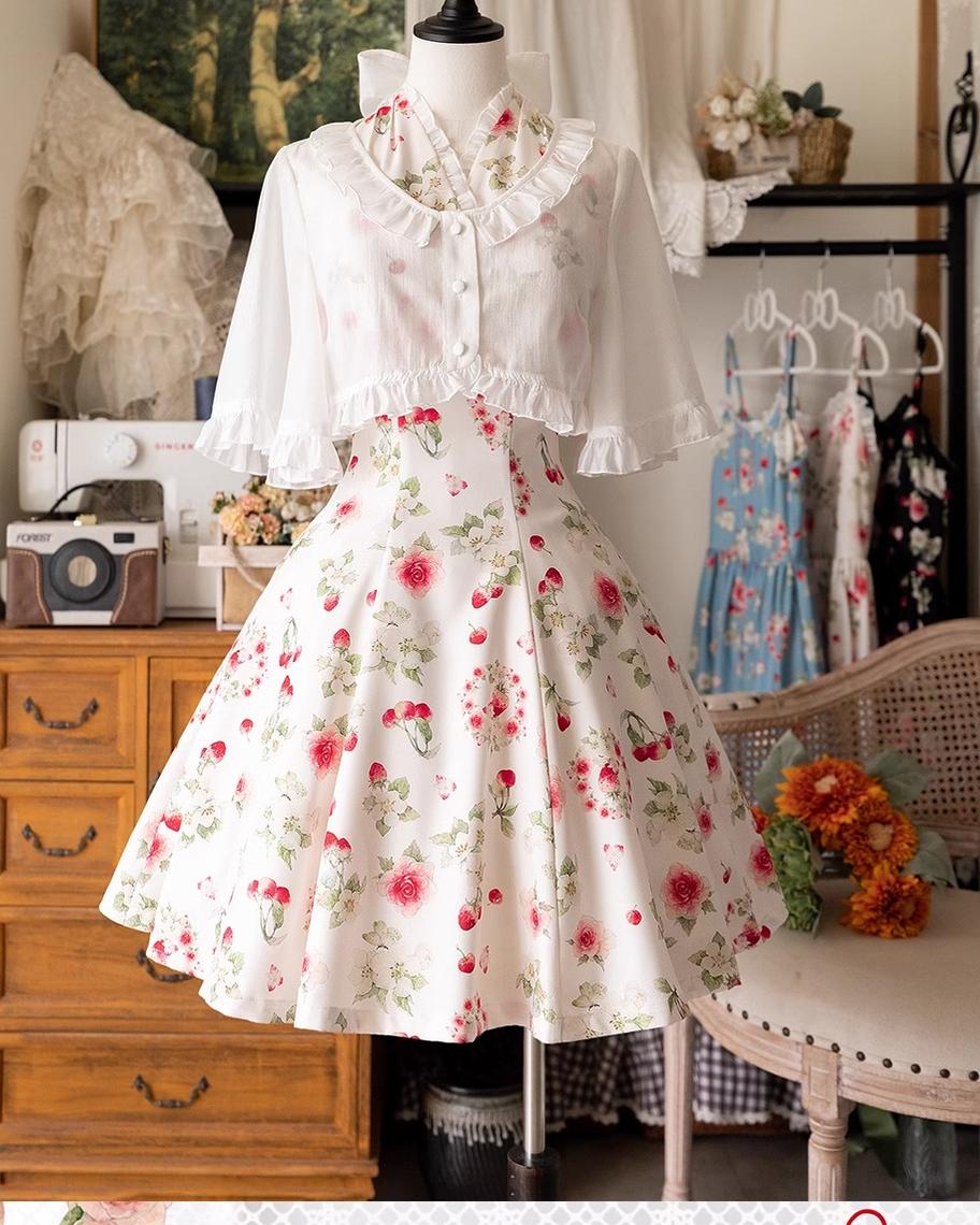 Forest Wardrobe - Summer Berry Picture Book - Elegant Classic Lolita Dress Halter Neckline Floral Print Dress