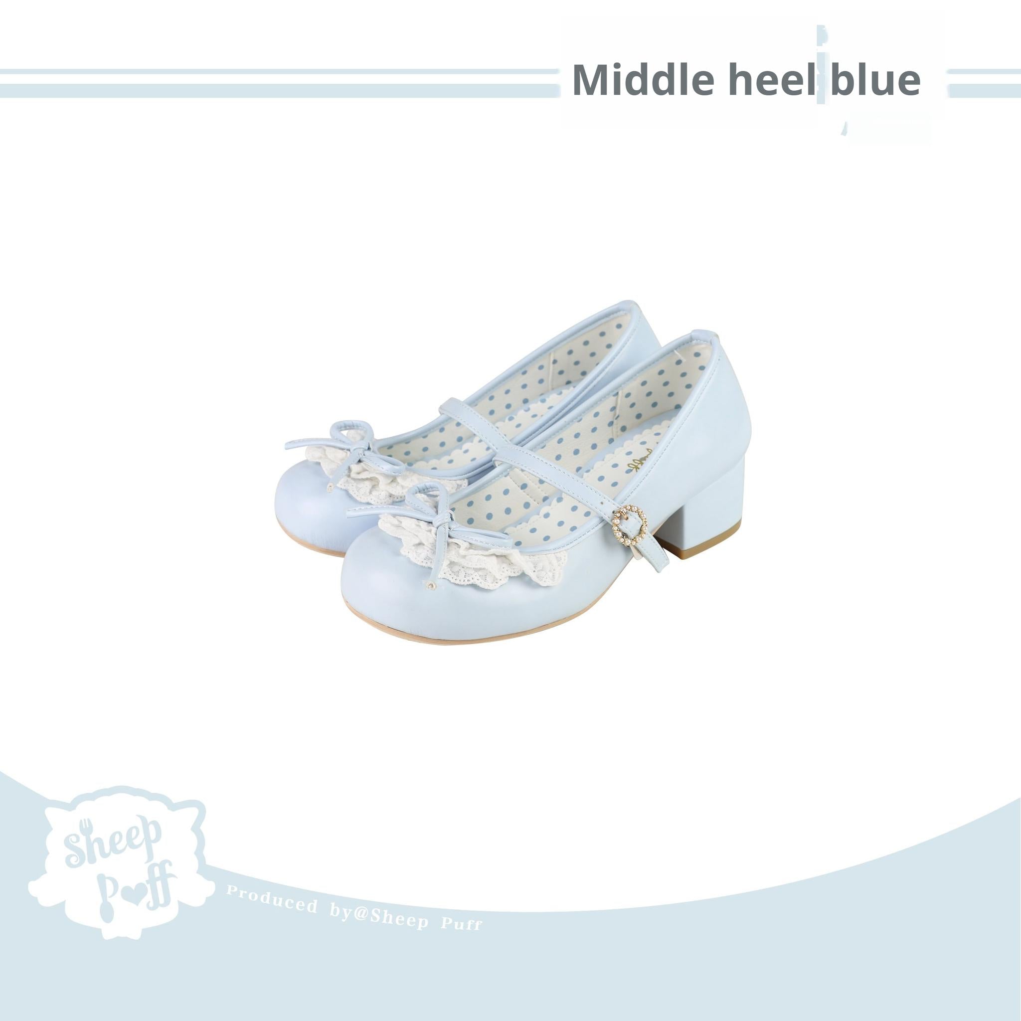 Sheep Puff - Young Layla - Vintage Lolita Shoes Low Heel Butterfly Shoes 34 Blue - mid heels