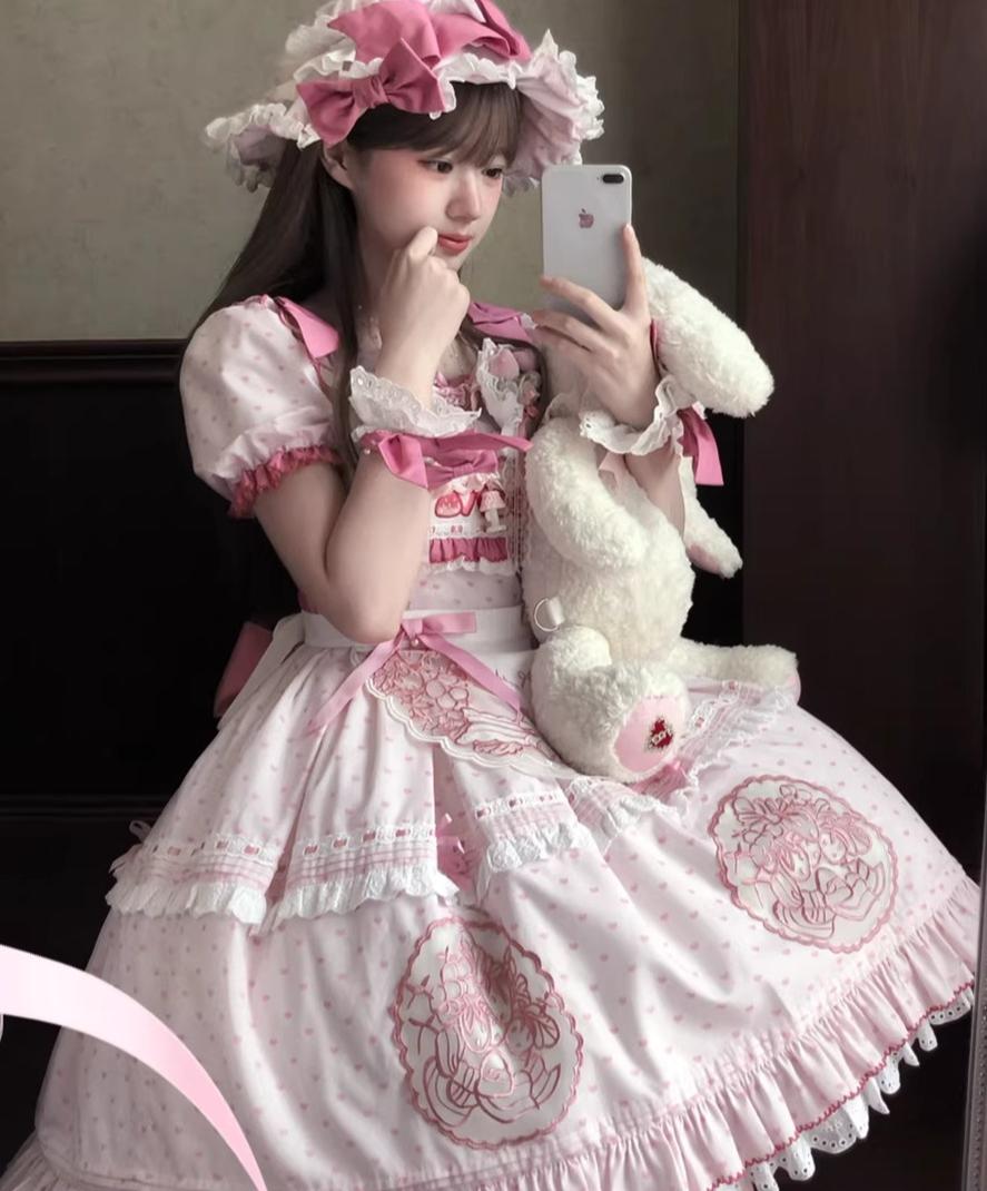 Berry Trap - Embroidered Sweet Lolita OP Dress, Polka Dot