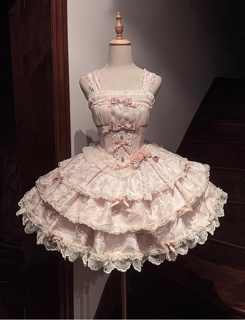 Buling Moon - Ballet Elegance - Sweet Lolita Mini JSK Set with Tulle Shirt and Headdress Pink JSK only S