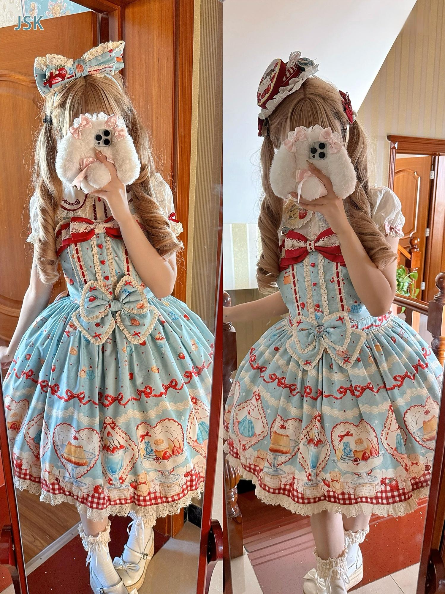 DreamWhale - Showa Dessert Showcase - Kawaii Lolita Dress Suit Pudding-Inspired JSK/Salopette 43200:771620