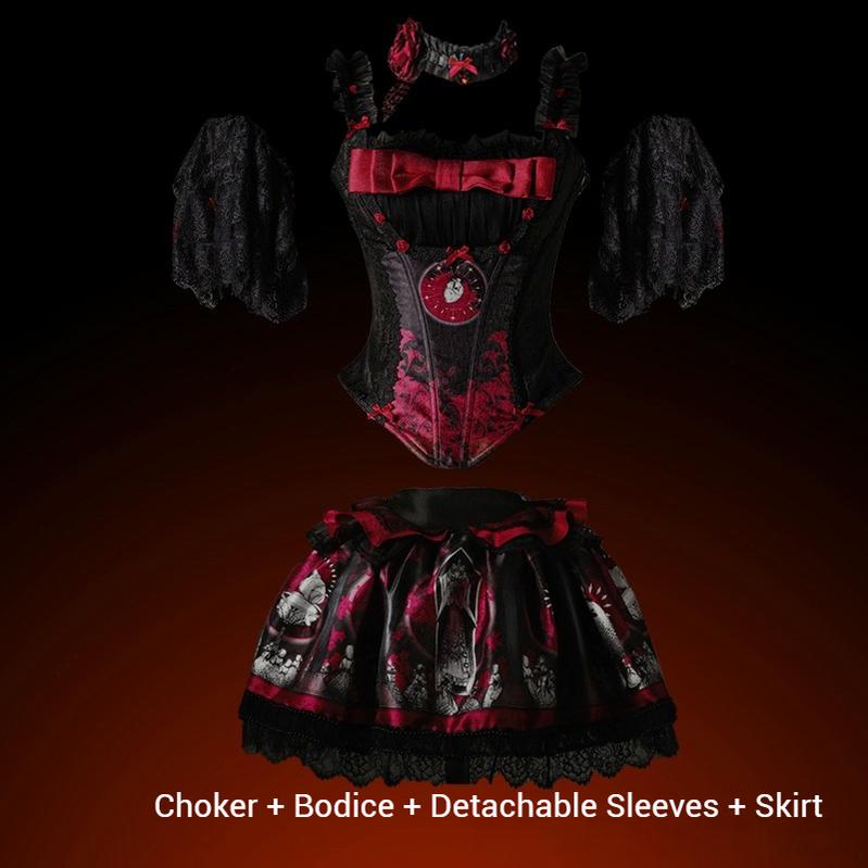 Caged Bird Hotel - Eclipsed Moon Gallery - Plus Size Halloween Gothic Lolita Skirt & Bodice Set Red - Basic Set (bodice + choker + SK) S