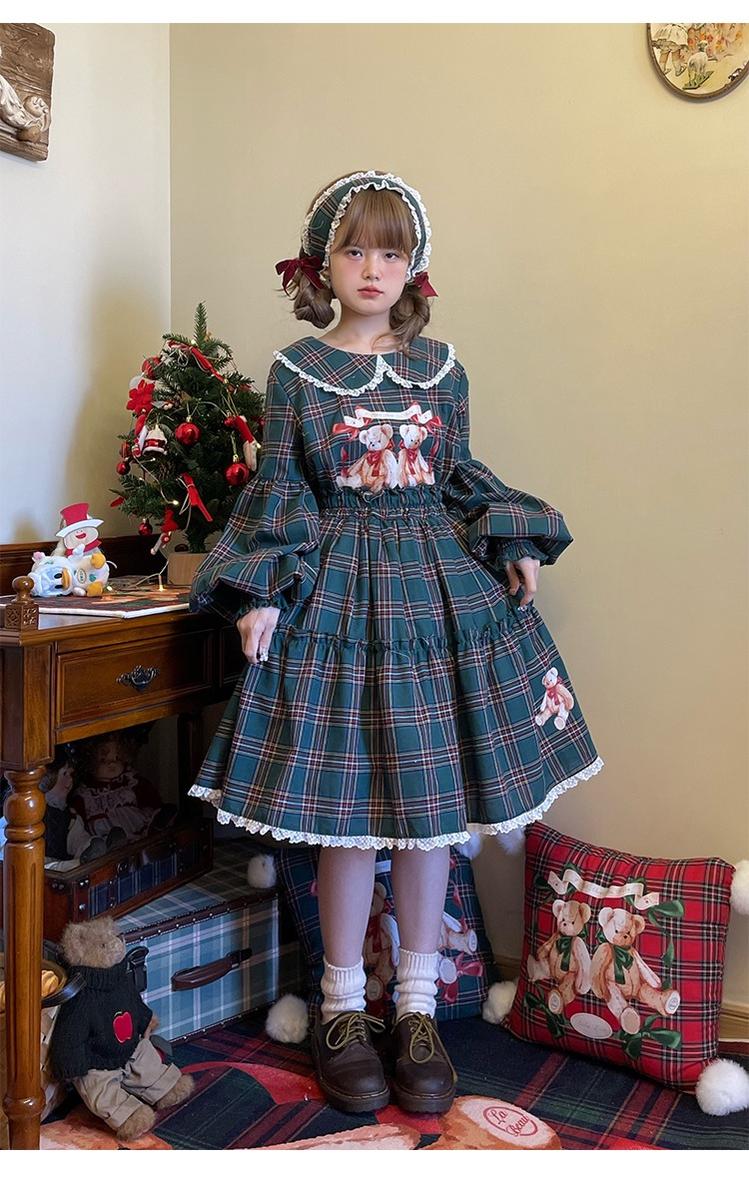 Labeau - Christmas Vintage Lolita Skirts Doll Collar Blouse Plaid Skirt Set