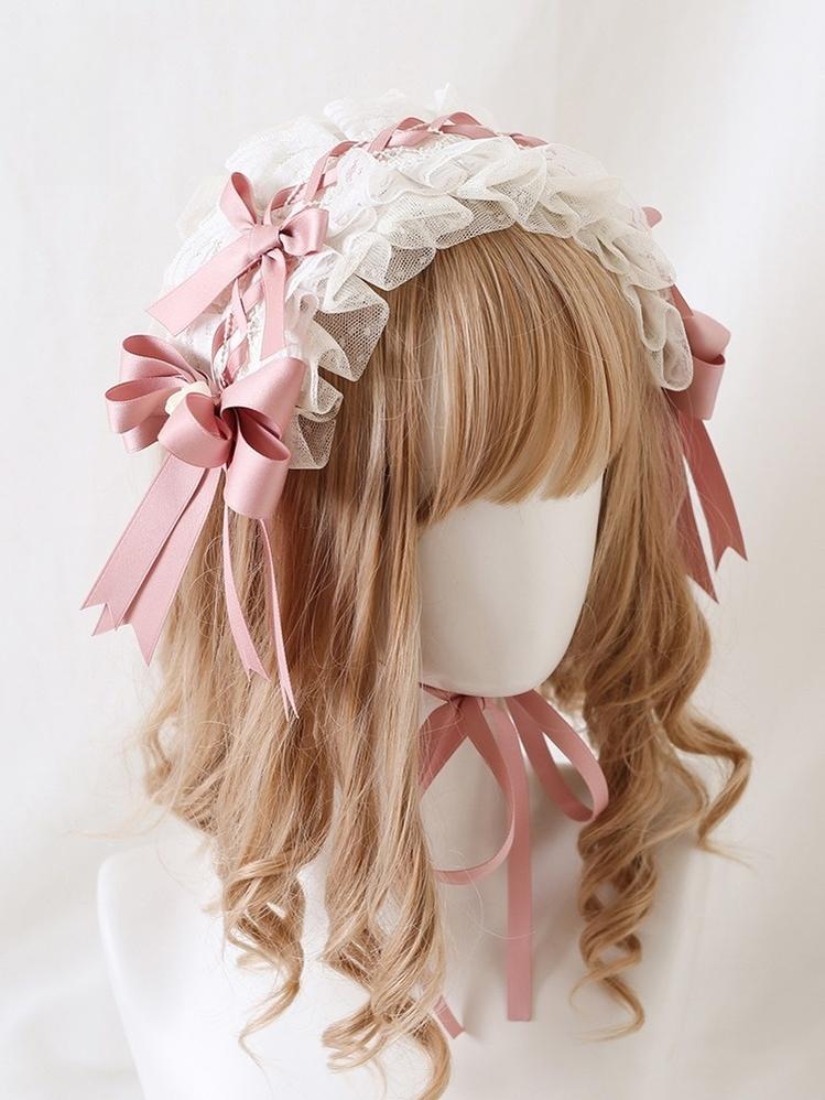 Xiaogui - Ivory & Pink Sweet Lolita Headdress Bridal Lace Headwear