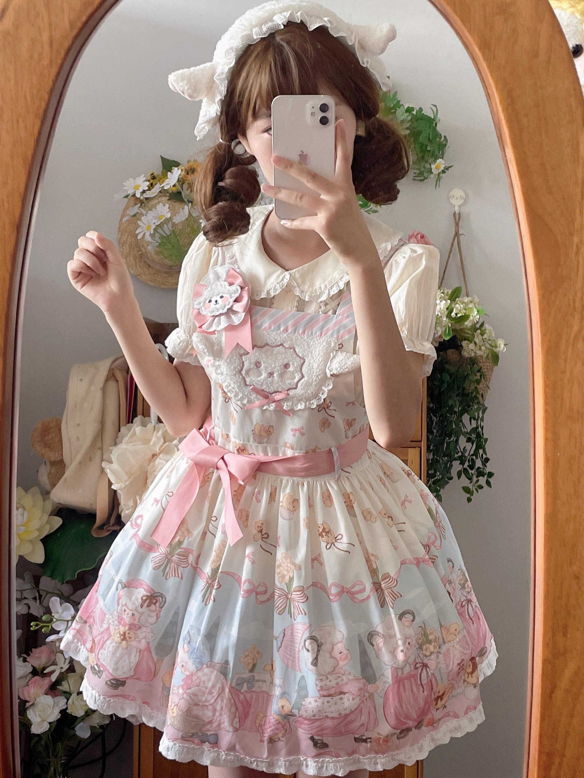 MeowMeow - Sheep Pattern Waltz Princess Lolita JSK Salopette S Salopette(with a pair of side clips/change to badge) only