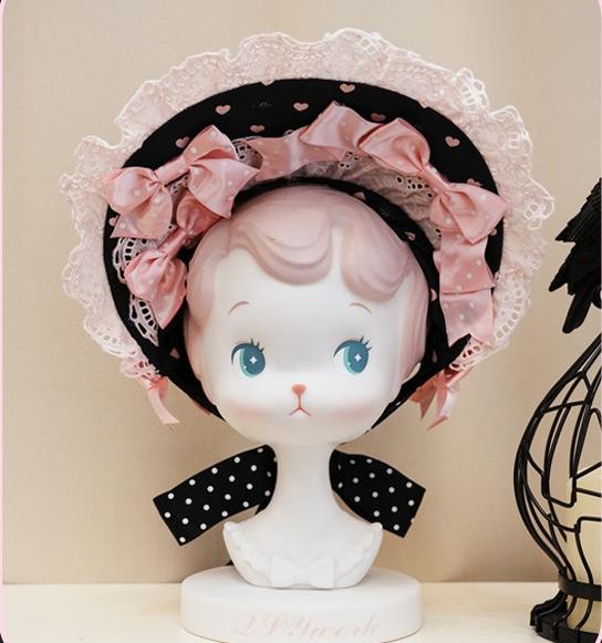 Maiden's Heart Knot - Old School Lolita Polka Dot Bow Accessories with Ruffles Deep Pink BNT