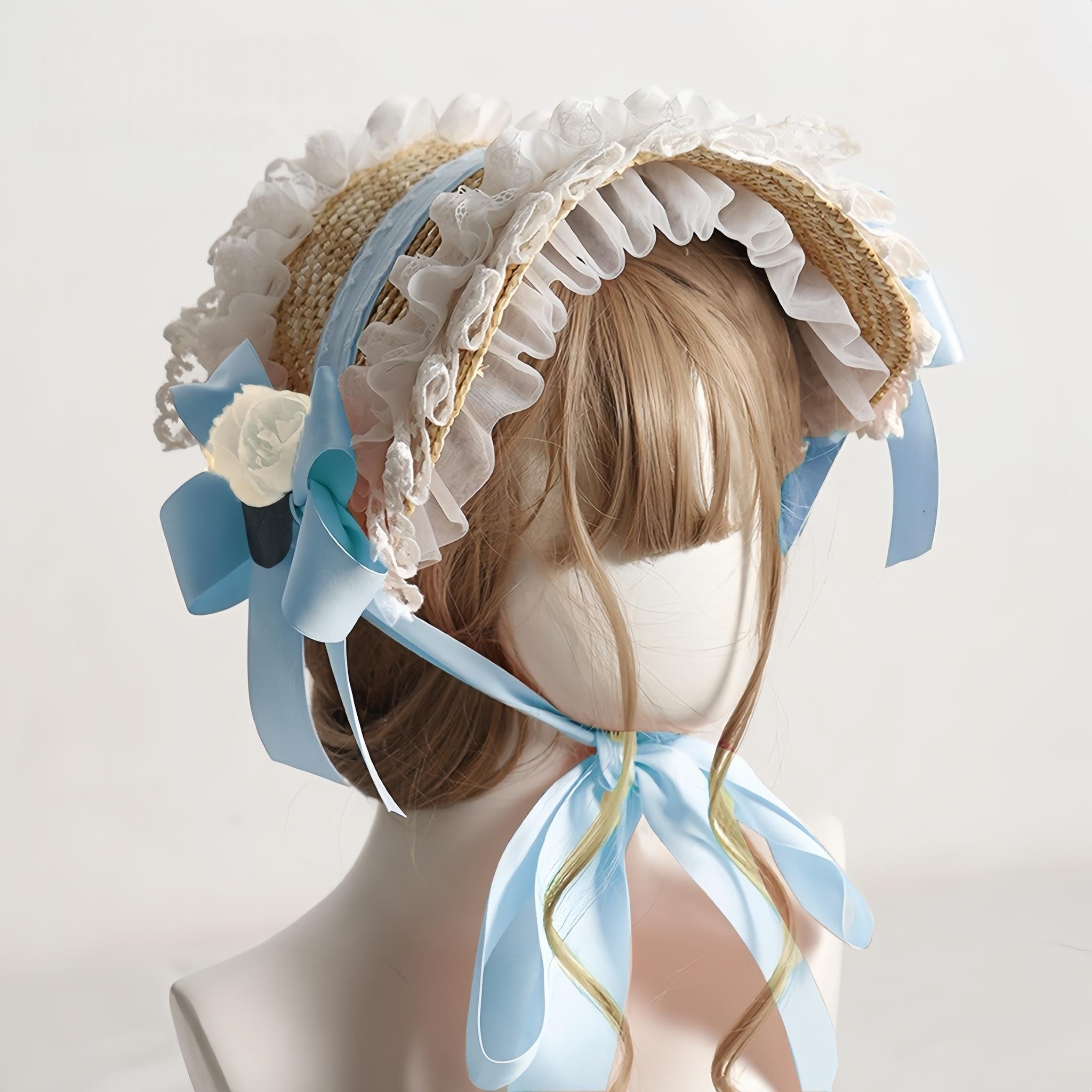 The Accessories' Story - Country Lolita Straw BNT, Ruffled Lace, Artificial Flower No Head Circumference Limitation / One Size Light Blue