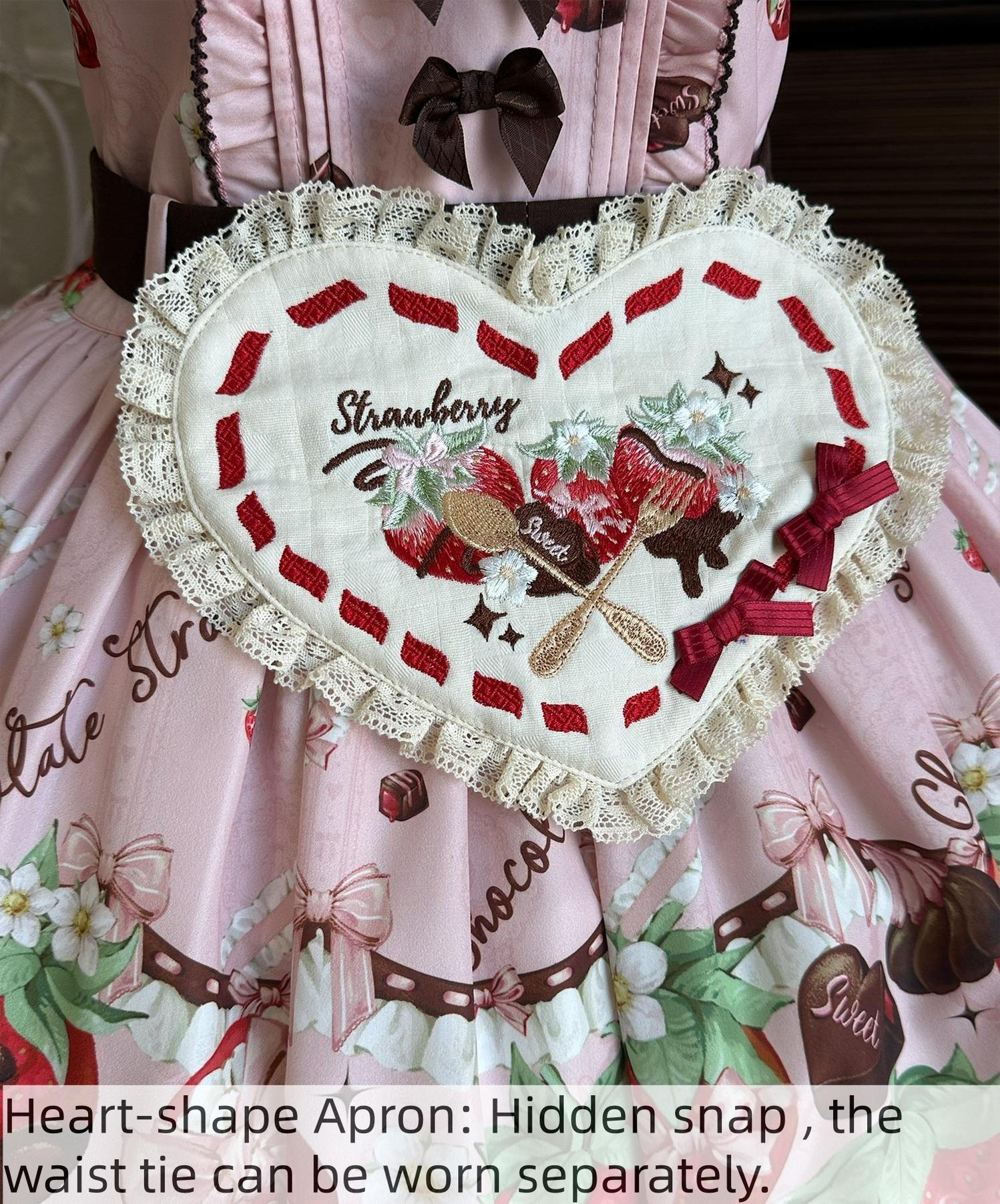 Strawberry Chocolate Lovers - Sweet Lolita Embroidered Printed Accessory Heart-shaped Apron + Waist Tie One Size