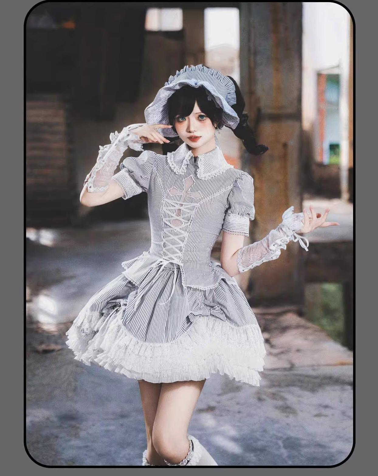 Striped Cross - Gothic Coordinated Lolita Set, Adjustable Blouse & Skirt