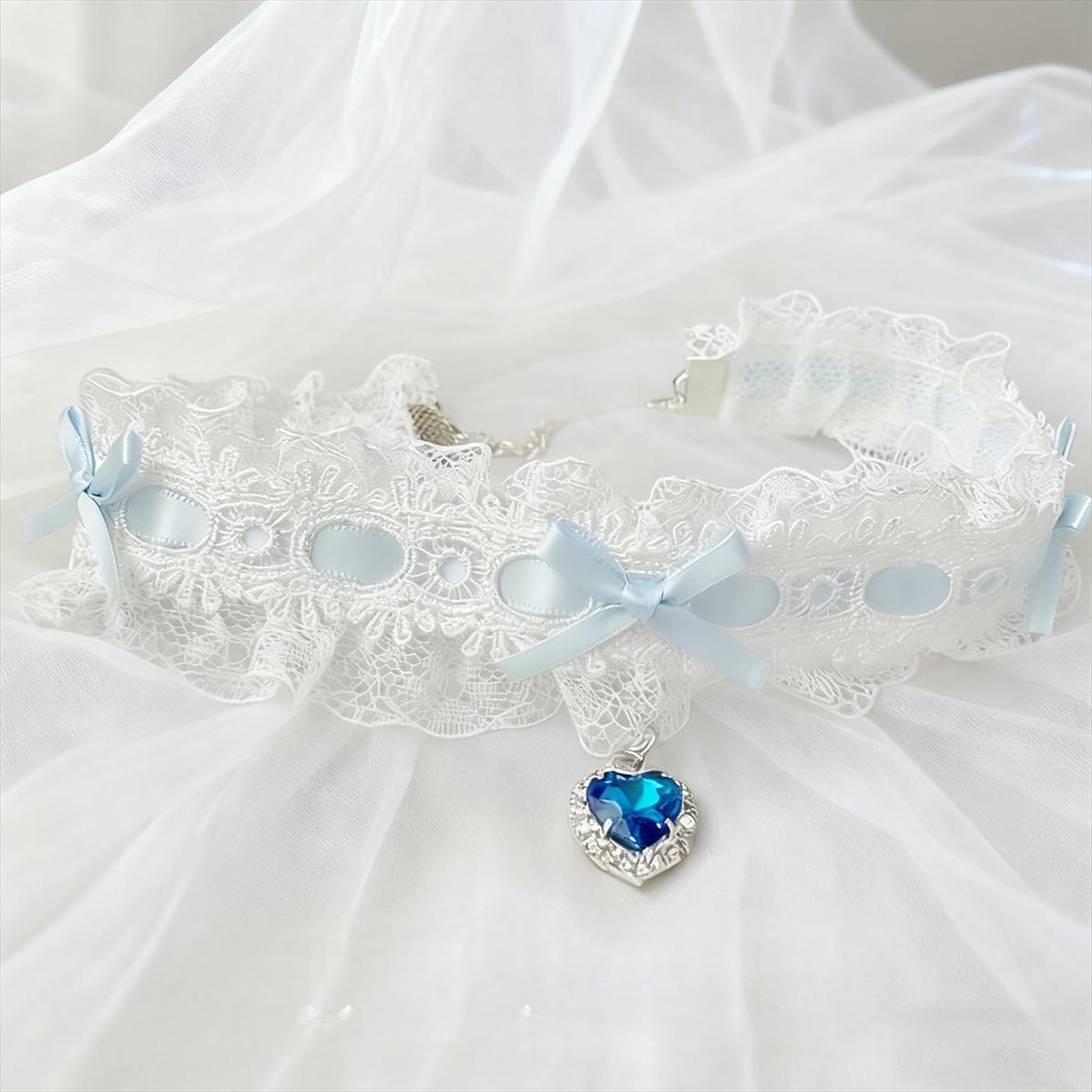 Sweet Lolita Choker, Heart Rhinestone & Bows (蓝色) 45011:831673