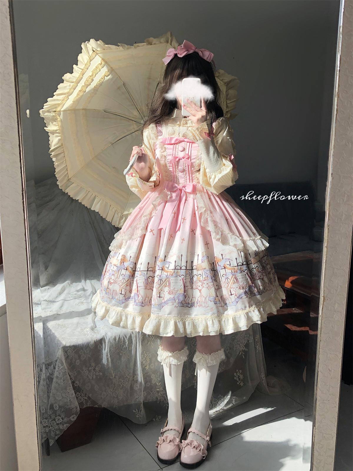 Uncle's Workshop - Angel Lamb - Kawaii Lolita Dress With Side Pockets, Lamb Print Pink JSK Only S