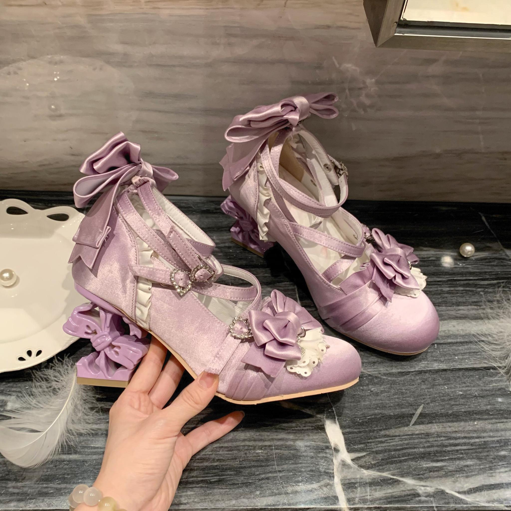 Thousand Knots - Classic Lolita Satin Heels Shoes, Bow-shaped Heel