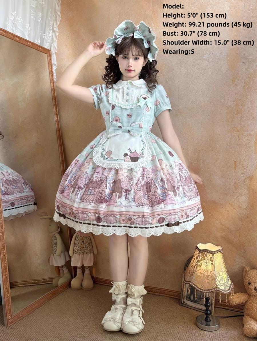 The Story of Frosting Town - Kawaii Lolita Print Dress, Detachable Apron 44387:806566