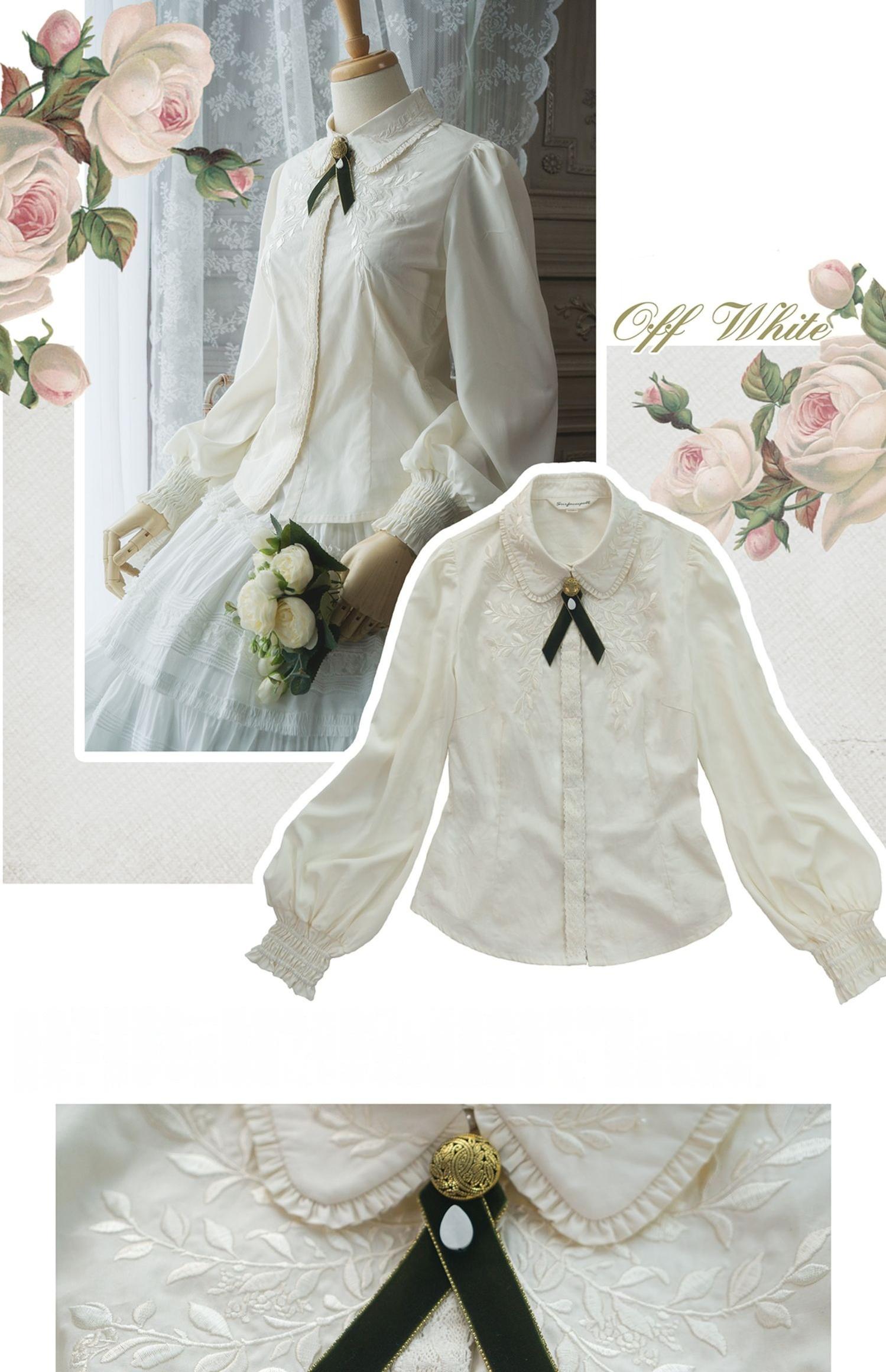 Surface Spell - Ship to Wonderland - Classic Lolita Shirt With Vine Embroidery/Brooch White - in stock S