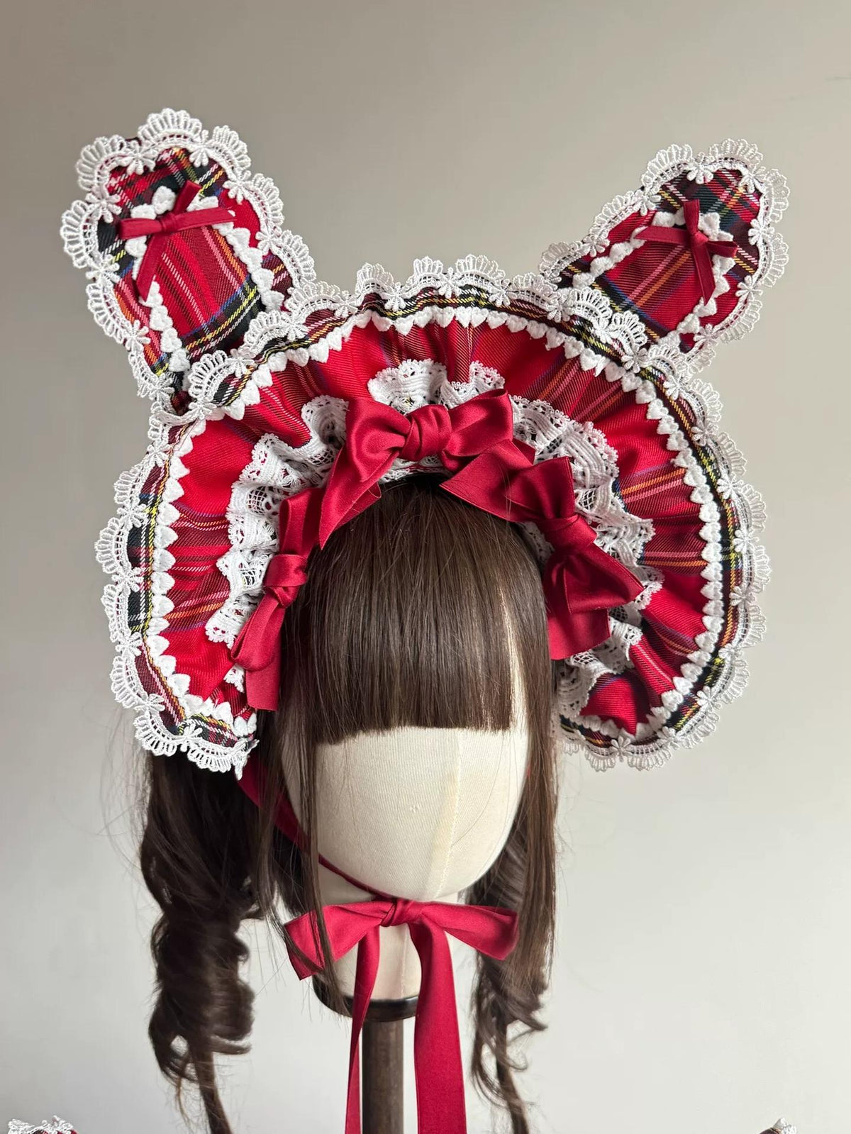 Red Plaid Lolita Headdress, Wire-edged Bunny Ear BNT Bunny Ear BNT