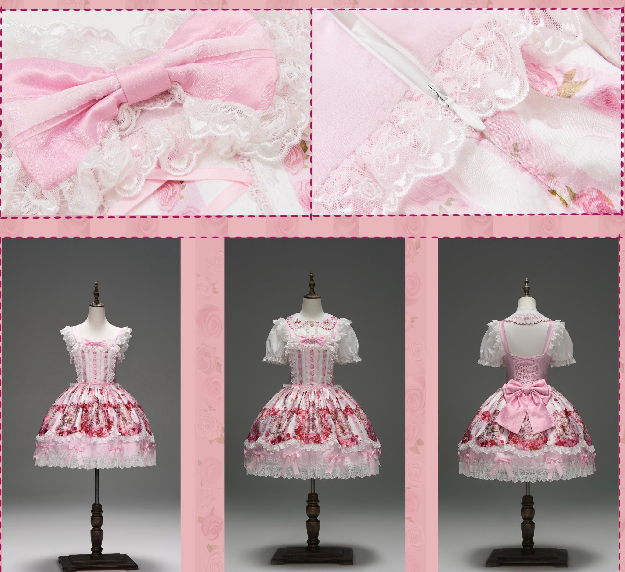 Rose Dream Isle - Sweet Lolita Rose Wall Print Dress, Embroidery & Bows