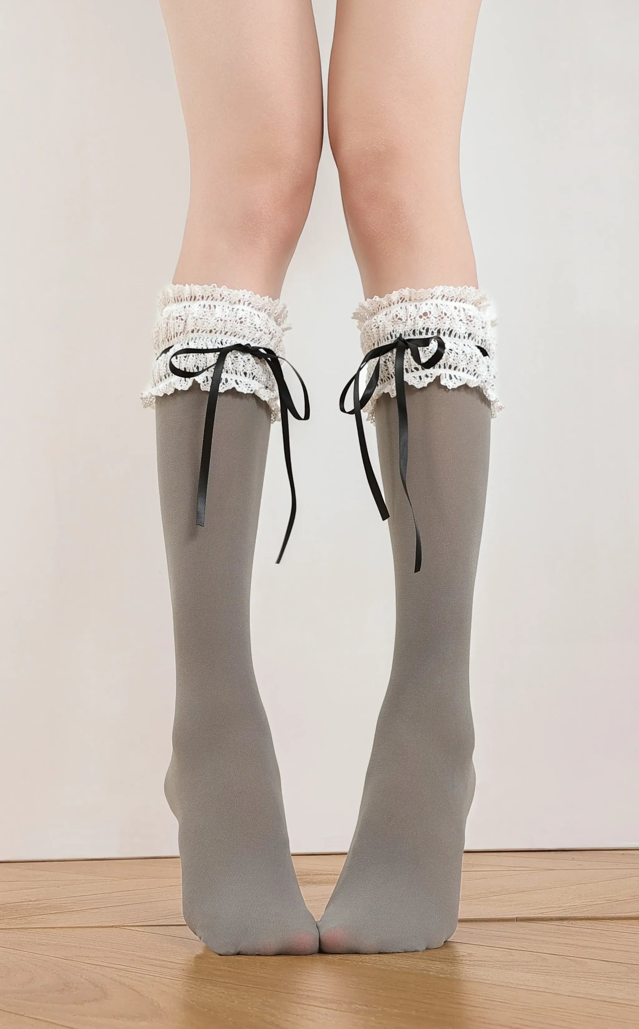 Classic Lolita Socks, Lace Ruffles & Ribbon Bows Gray Calf Socks / 16.5" (42 cm) One Size