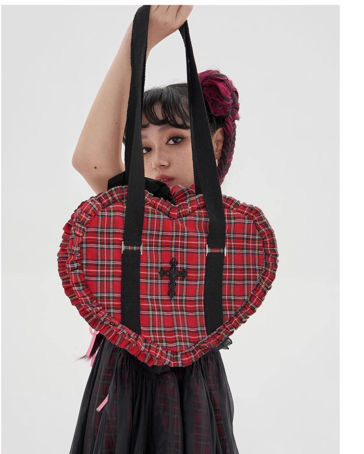 (BFM)Soso Meme Club~Vintage Lolita Heart Shaped Plaid Dot Print JK Uniform Bag 34908:471086