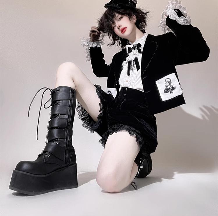 CastleToo - Erosion Heart F-Type - Ouji Lolita Suit Black Velvet Shorts and Skirt 40628:669920