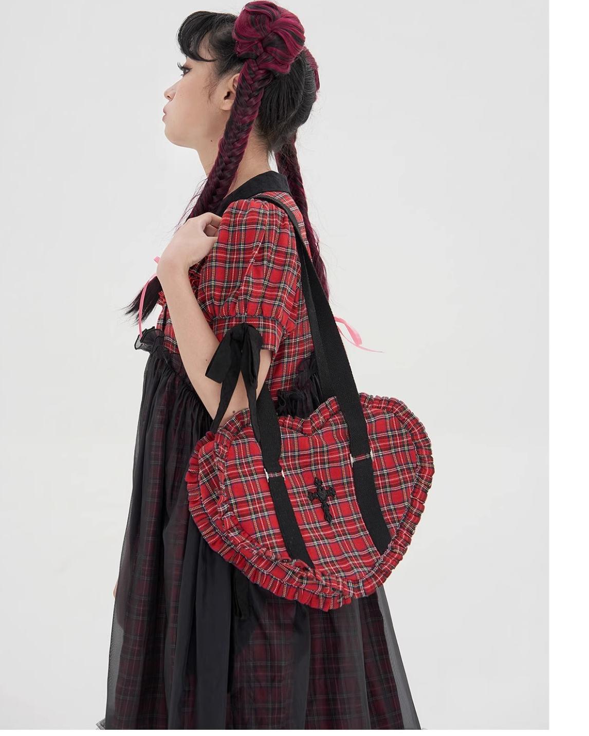 Soso Meme Club - Vintage Lolita Heart Shaped Plaid Dot Print JK Uniform Bag