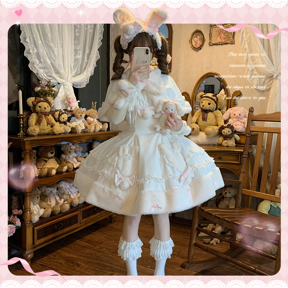 Mengfuzi - Bunny Mochi - Winter Doll-like Sweet Lolita Cape Dress Set