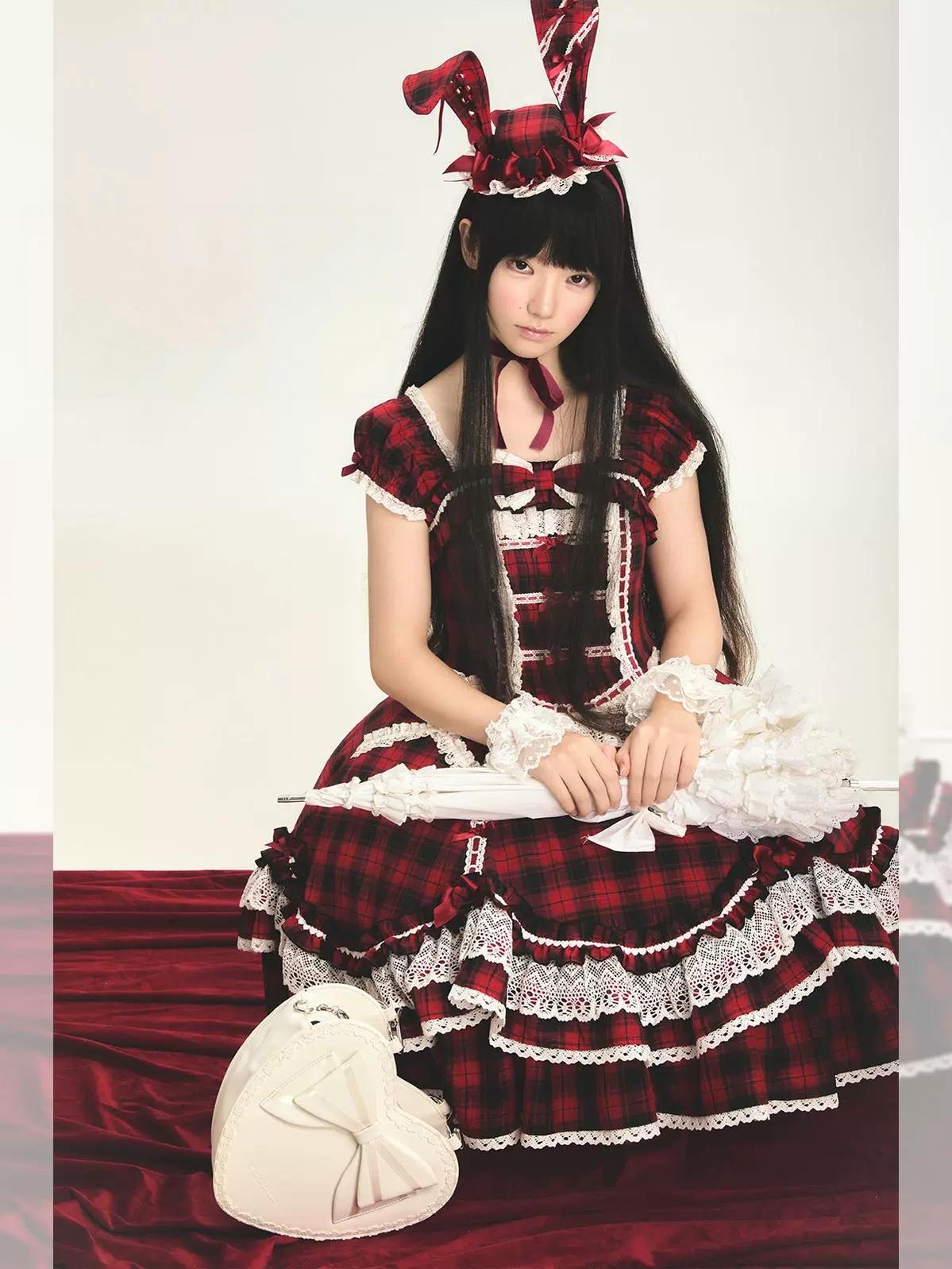 Plaid Lace Bunny - Old School Lolita Plaid OP Dress, Lace Trim 45992:871340