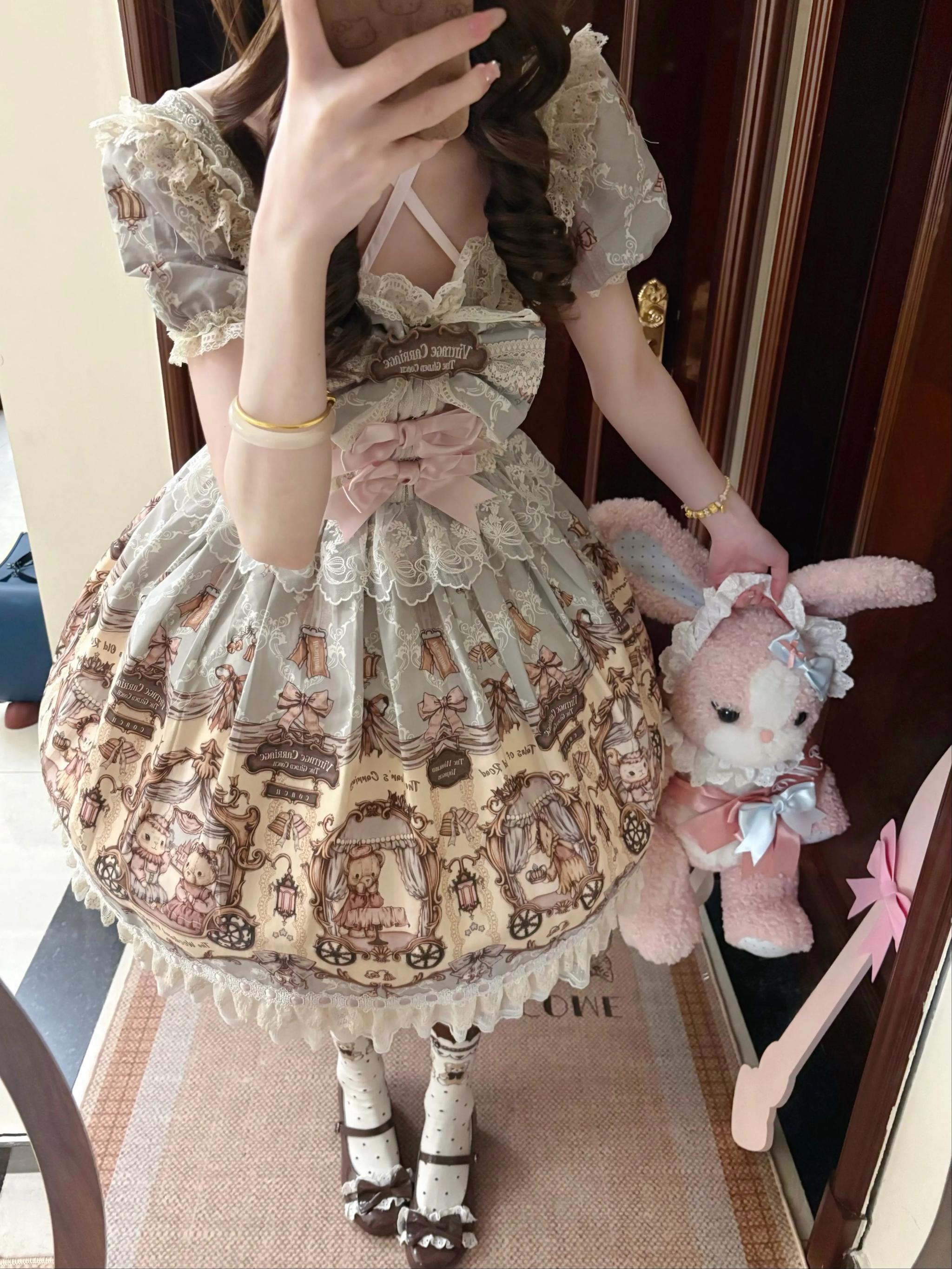 Bunny and Bear - Printed Sweet Lolita Dress, Lace and Bow Details