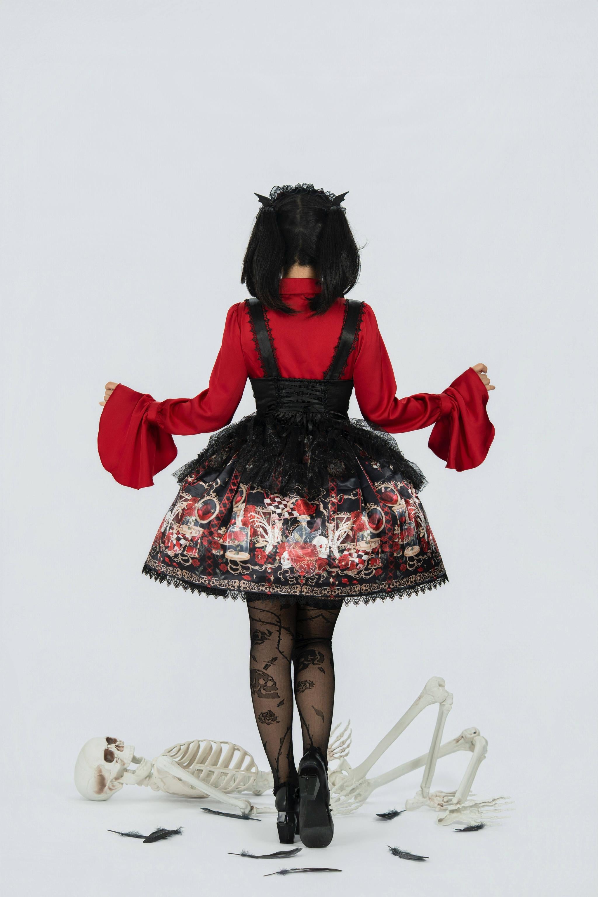 Blood Research Lab - Gothic Lolita JSK Dress, Rose & Skull Print 44449:809025