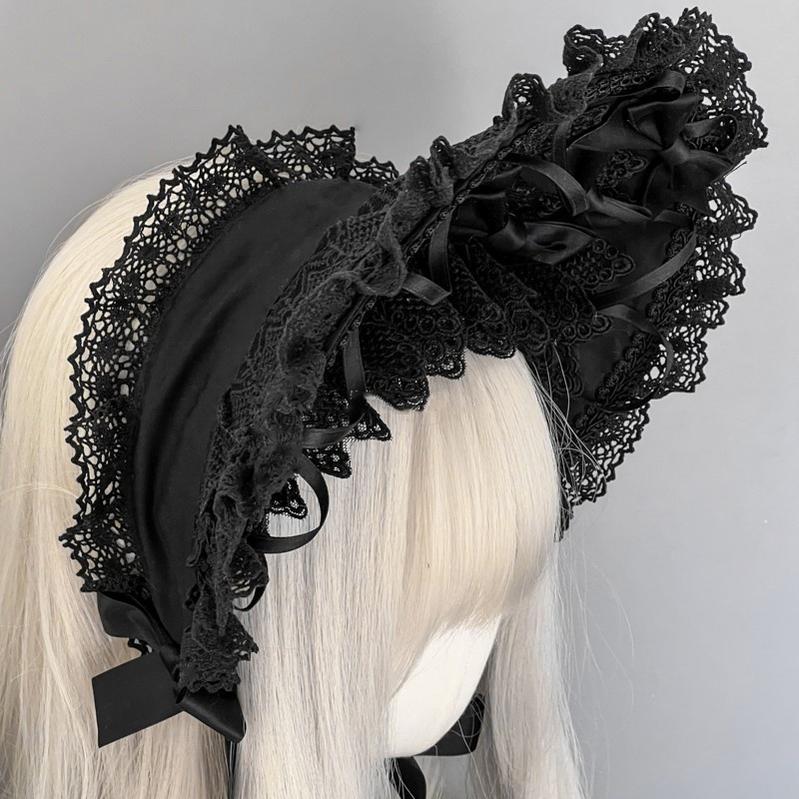 MAID - Gothic Lolita Lace Bonnet Wide Brim Bow BNT Headwear