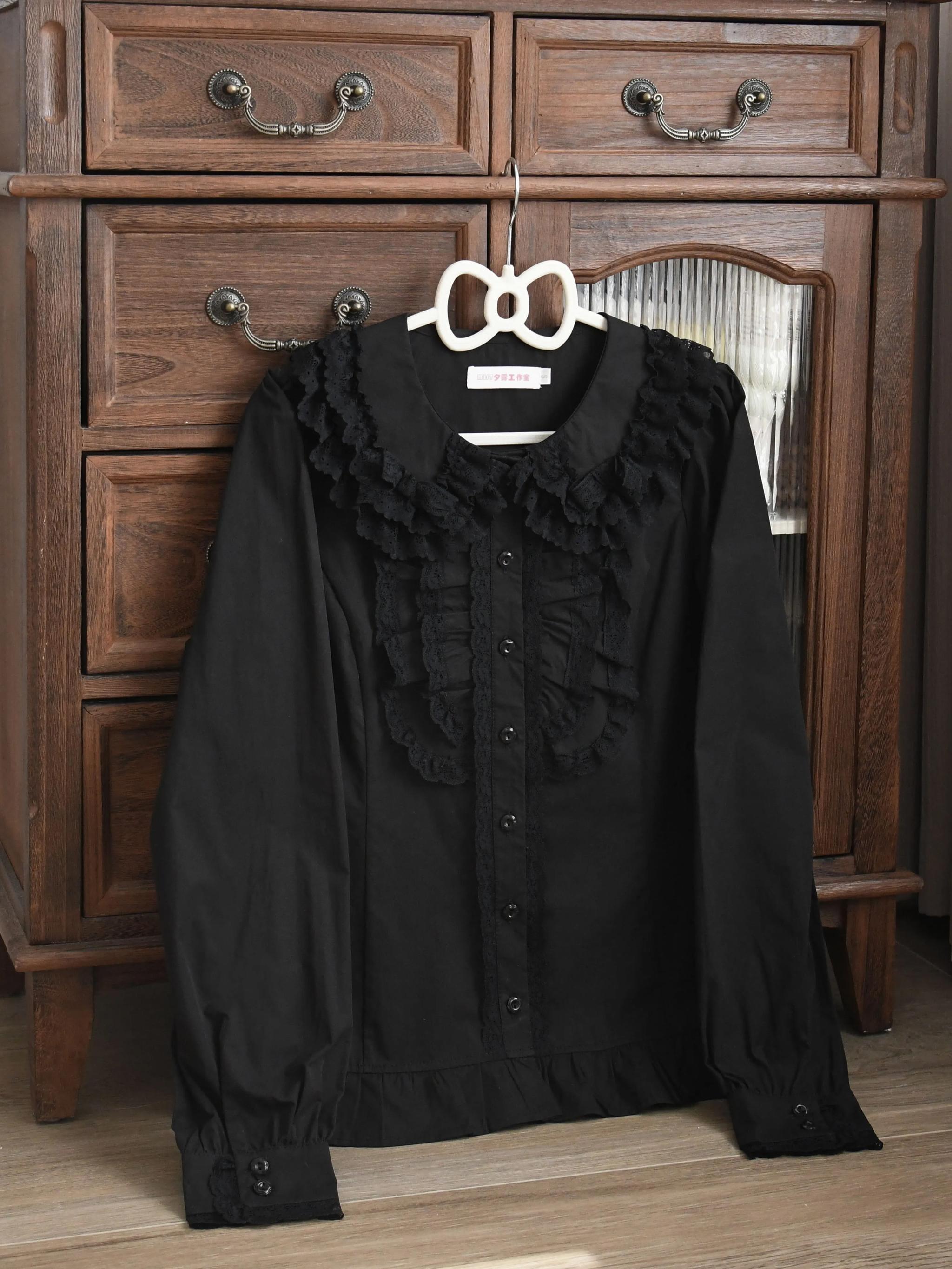 MIST - Half Sugar Milk Cake - Kawaii Lolita Blouse Peter-pan Collar and Puffy Sleeve Shirt Black S