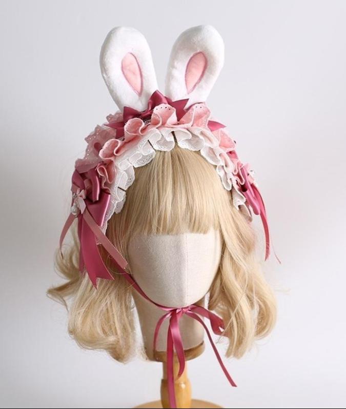 Xiaogui - Sweet Lolita Headdress Pink White Bunny Ear Hair Accessory No.2 - Bunny Ear Pair Clips + Fancy Bow Hairband