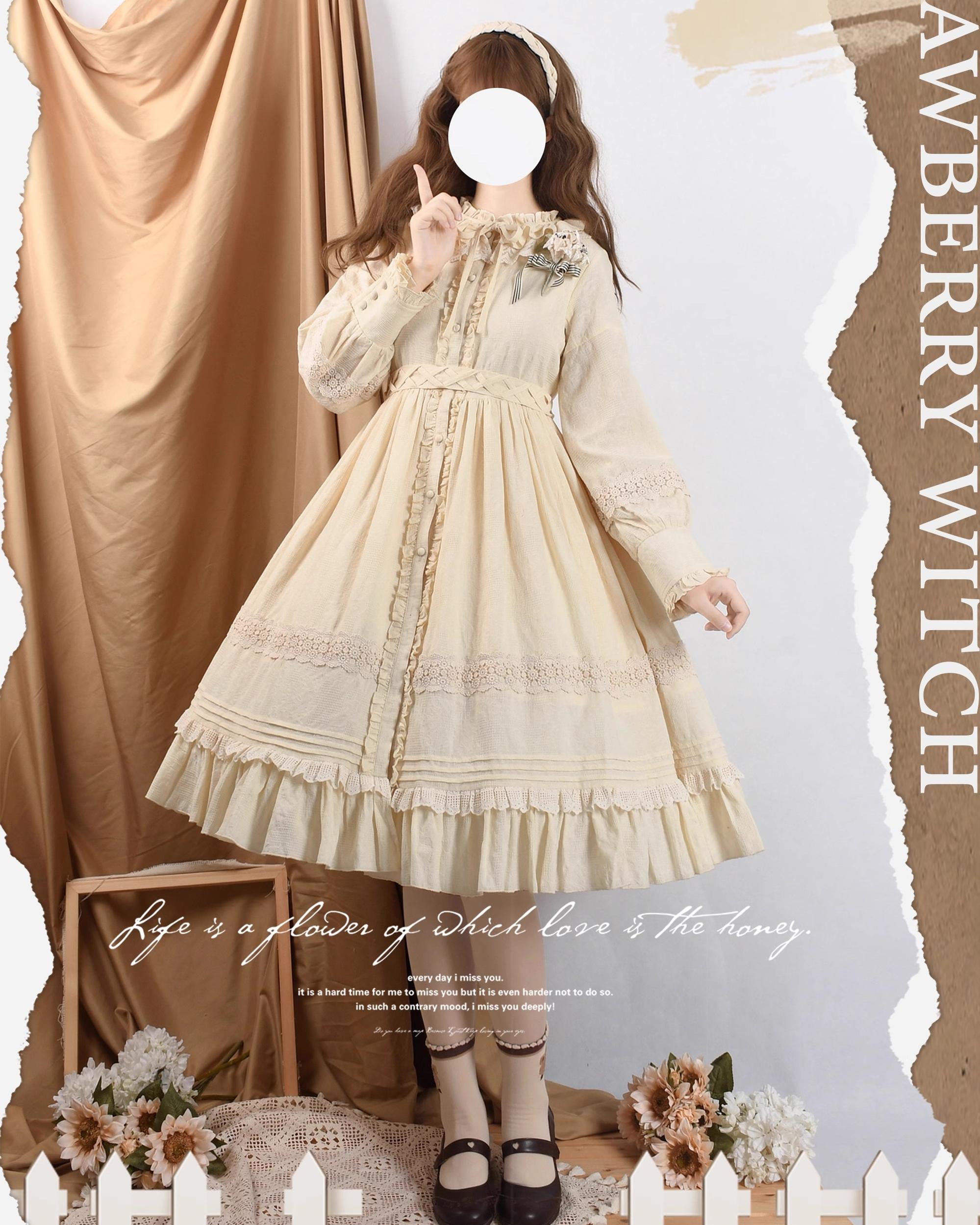 Strawberry Witch~The Spring~Cotton Lolita OP Dress with Long Sleeve (beige / L M S XL XXL XXXL) 33068:412280
