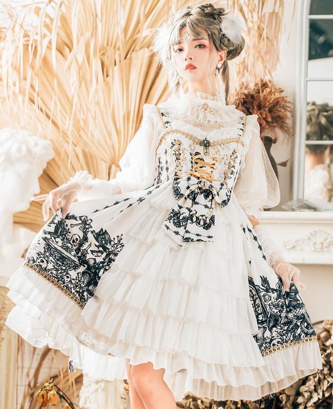 Dragon Witch - Printed Gothic Lolita JSK Dress, Front Opening White JSK + 1 Waist Bow XS