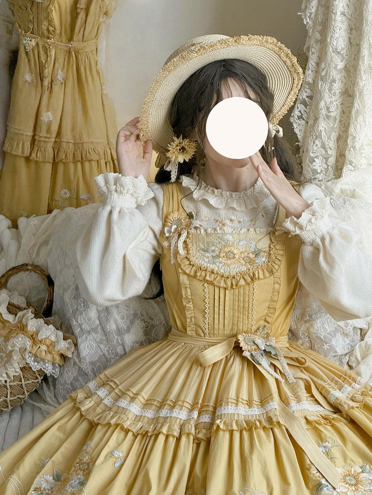 Moonlight Amber - Sunflower - Embroidered Country Lolita Dress, Tiered Skirt