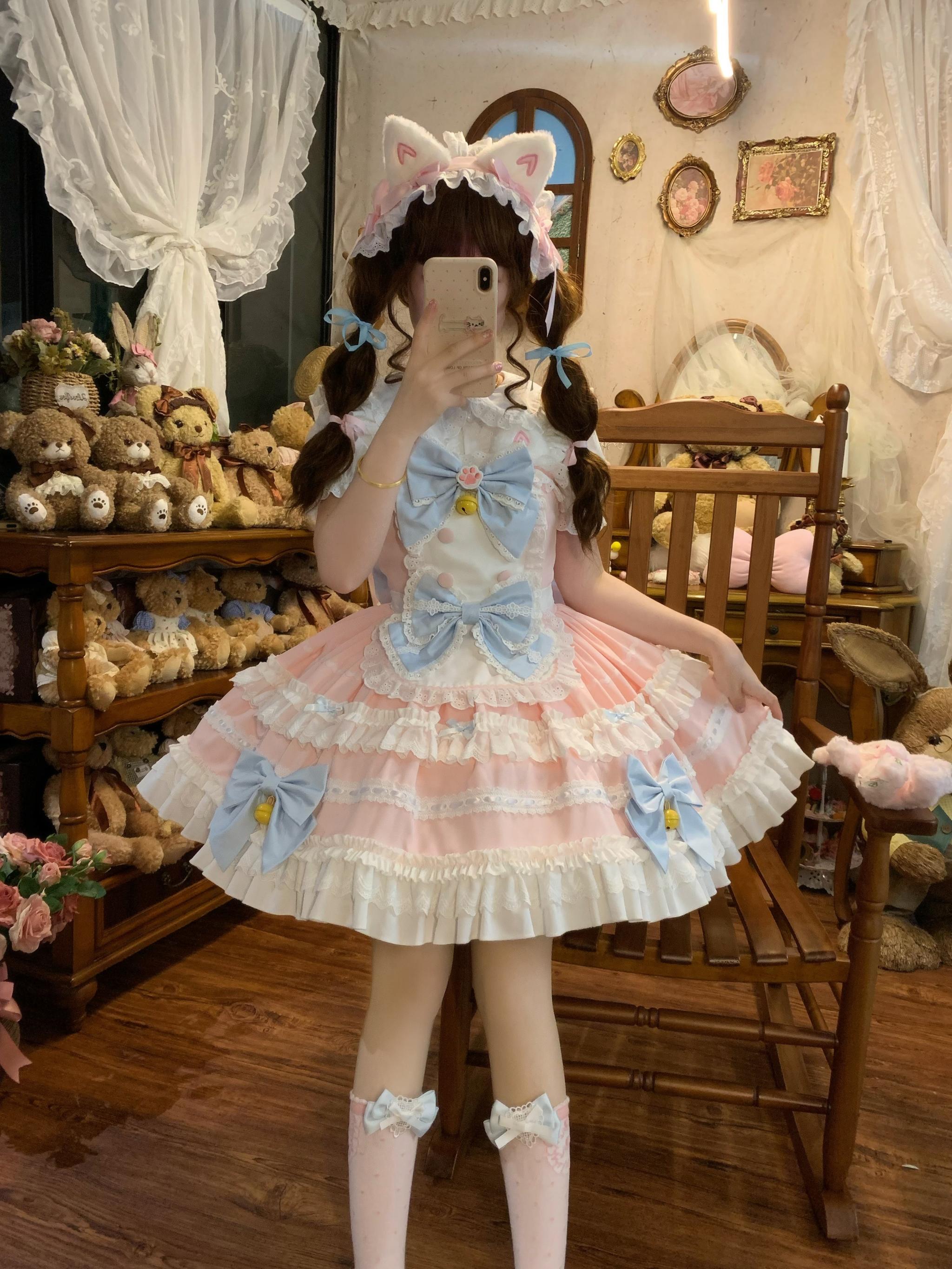 Sugar Girl - MeowRin SweetMaid - Sweet Lolita JSK, Adjustable Straps Pink JSK + Apron + Blue Back Bow + Headband S