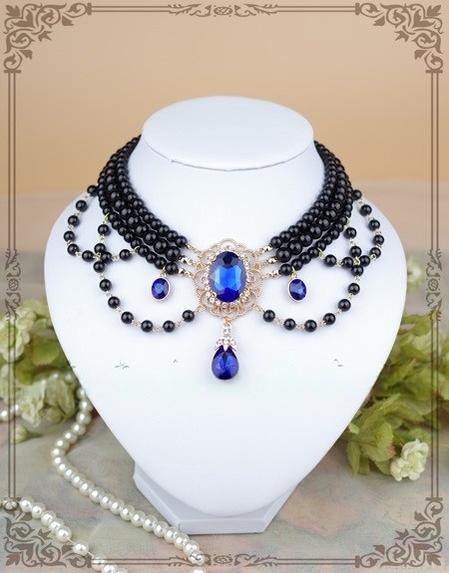 Rose of Sharon - Customized Lolita Pearl Necklace with Gemstone Pendants Black Pearl + Sapphire Blue Gemstone/Pendant