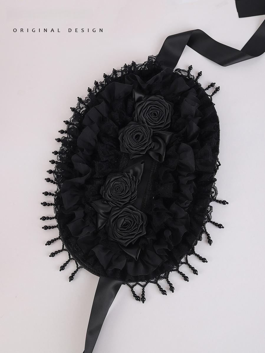 The Accessories' Story - Gothic Lolita Black Hat, Rose & Bead Tassels One Size (no restriction on head circumference) Black
