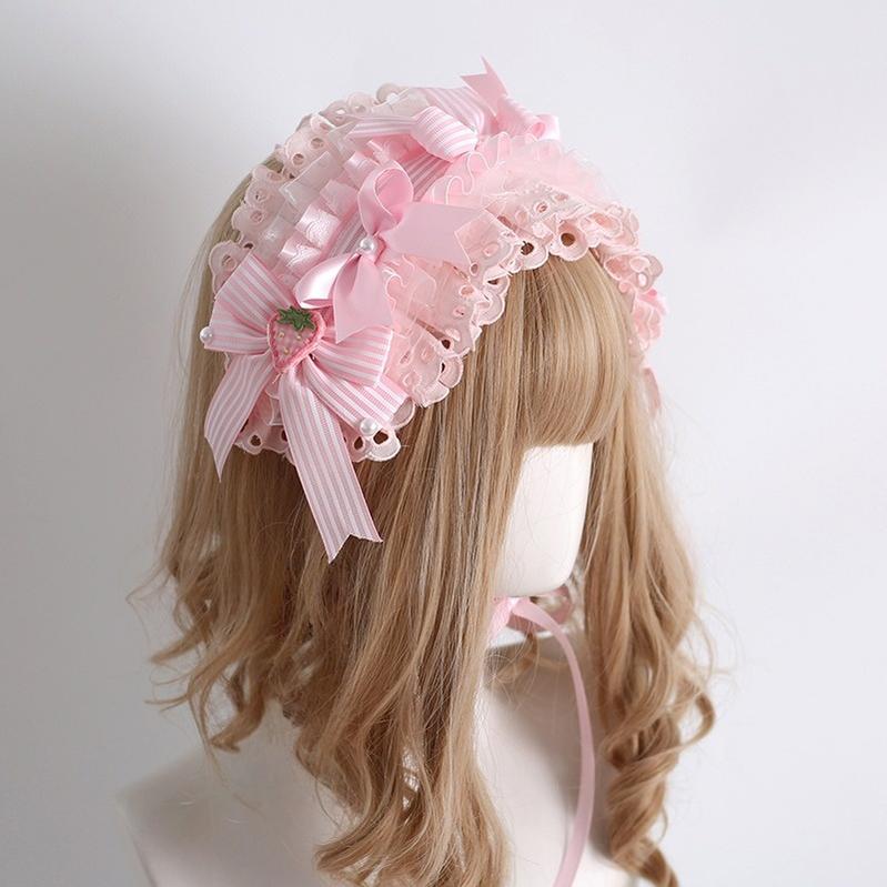 Xiaogui - Sweet Lolita Strawberry Head Accessory Pink Striped Strawberry Headband