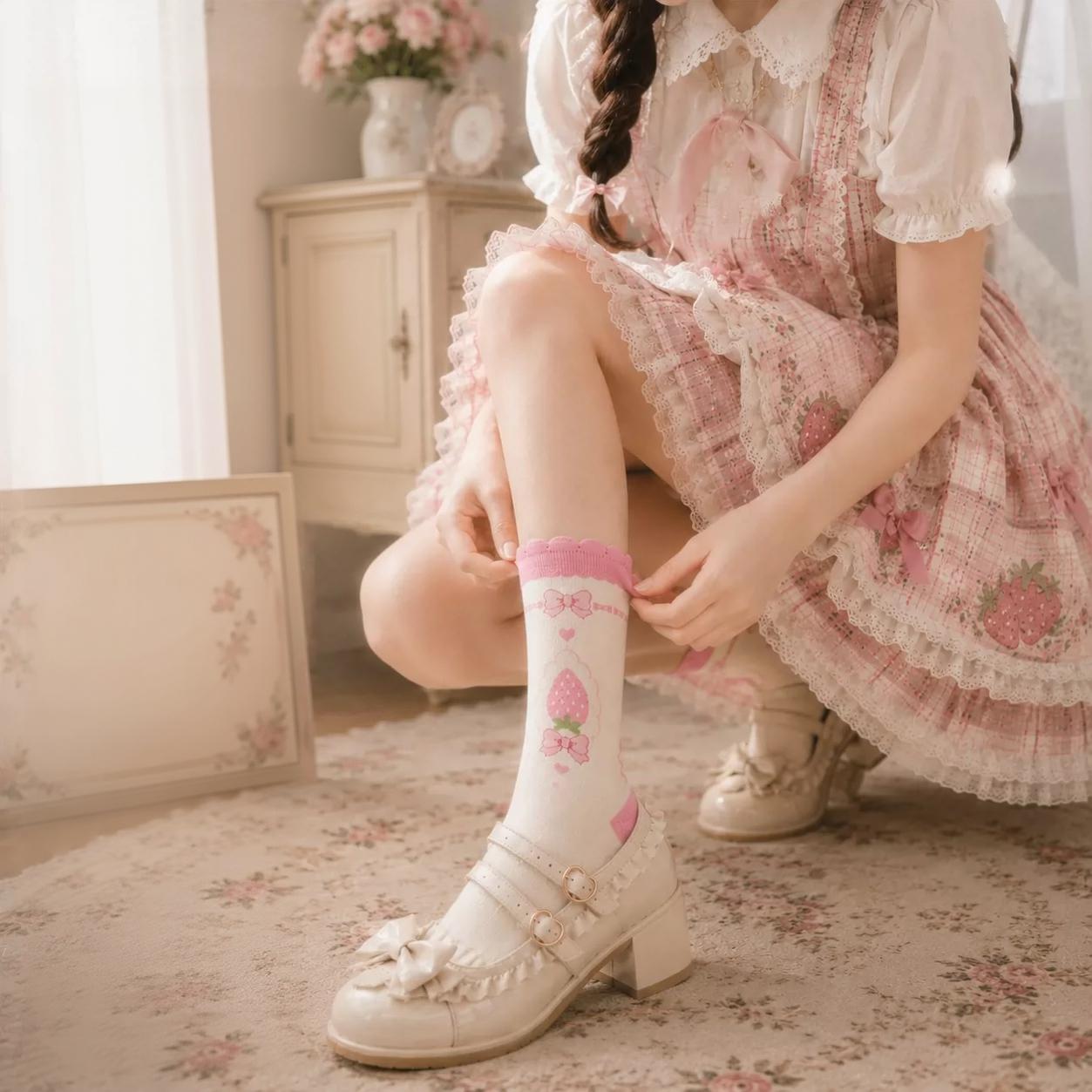 Cotton Sweet Lolita Mid-calf Socks, Strawberry Jacquard 45902:867346