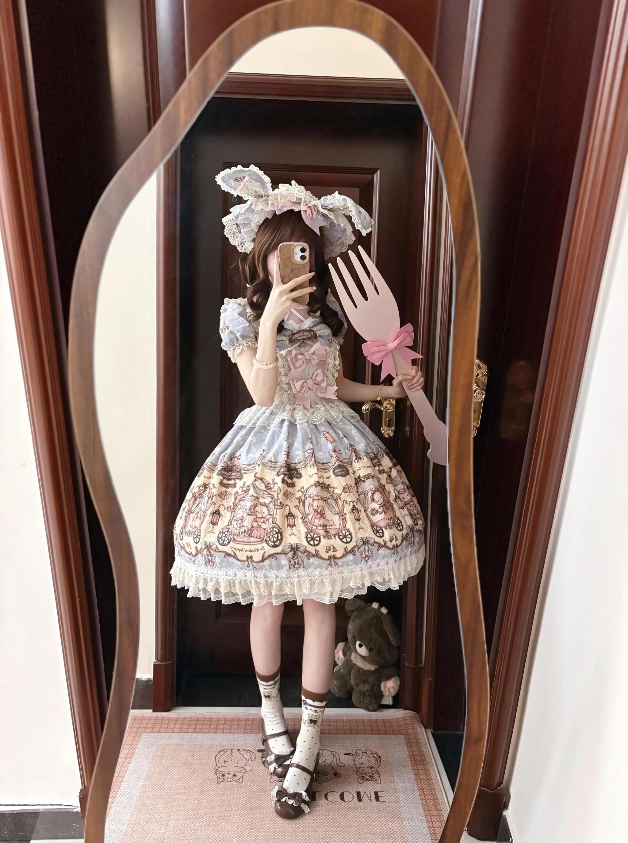 Bunny and Bear - Printed Sweet Lolita Dress, Lace and Bow Details Blue OP Only S
