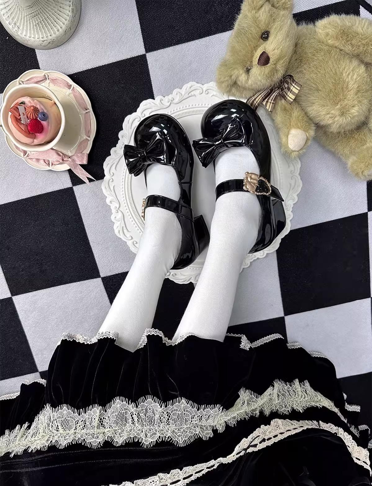 Sheep Puff~Hug Bear~Sweet Lolita Heel Shoes Bear Metal Buckle Bow Shoes 38702:597628