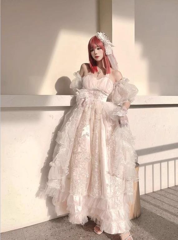 Daydream Whisper - Endless Summer - Bridal Wedding Lolita JSK Open-Back Dress Pink - long dress only (without overlay) S