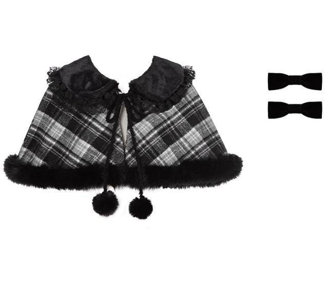 With PUJI - Snow Night Serenade - Fluffy Plaid Kawaii Lolita JSK, Reversible Cape (M) / L M S) 44279:802370