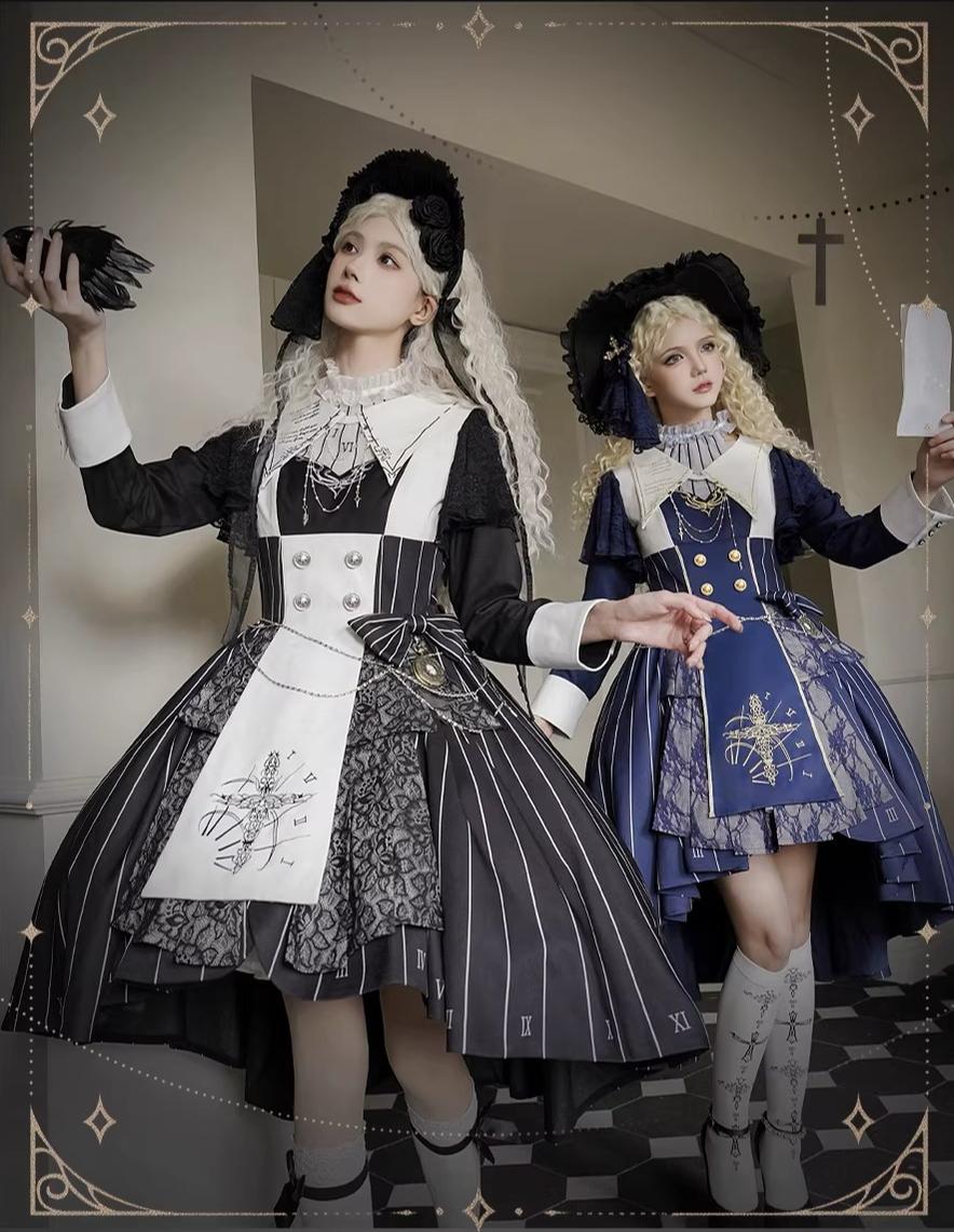 The Choir of the Church - Striped Gothic Lolita Dress Set, High-low Hem
