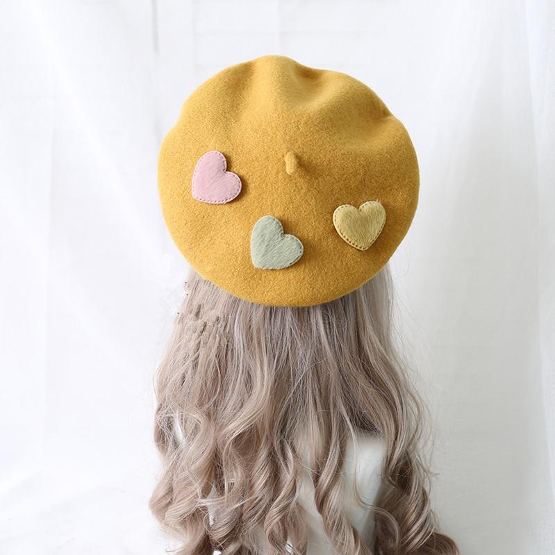 Xiaogui - Sweet Lolita Beret Loving Heart Wool Hat Multicolor M (56-58 cm) ginger (with 3pcs loving heart) beret