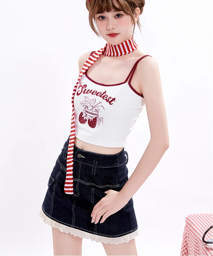 Tan Tuan~Sweet Lolita Camisole Strawberry Print Multicolors L white 