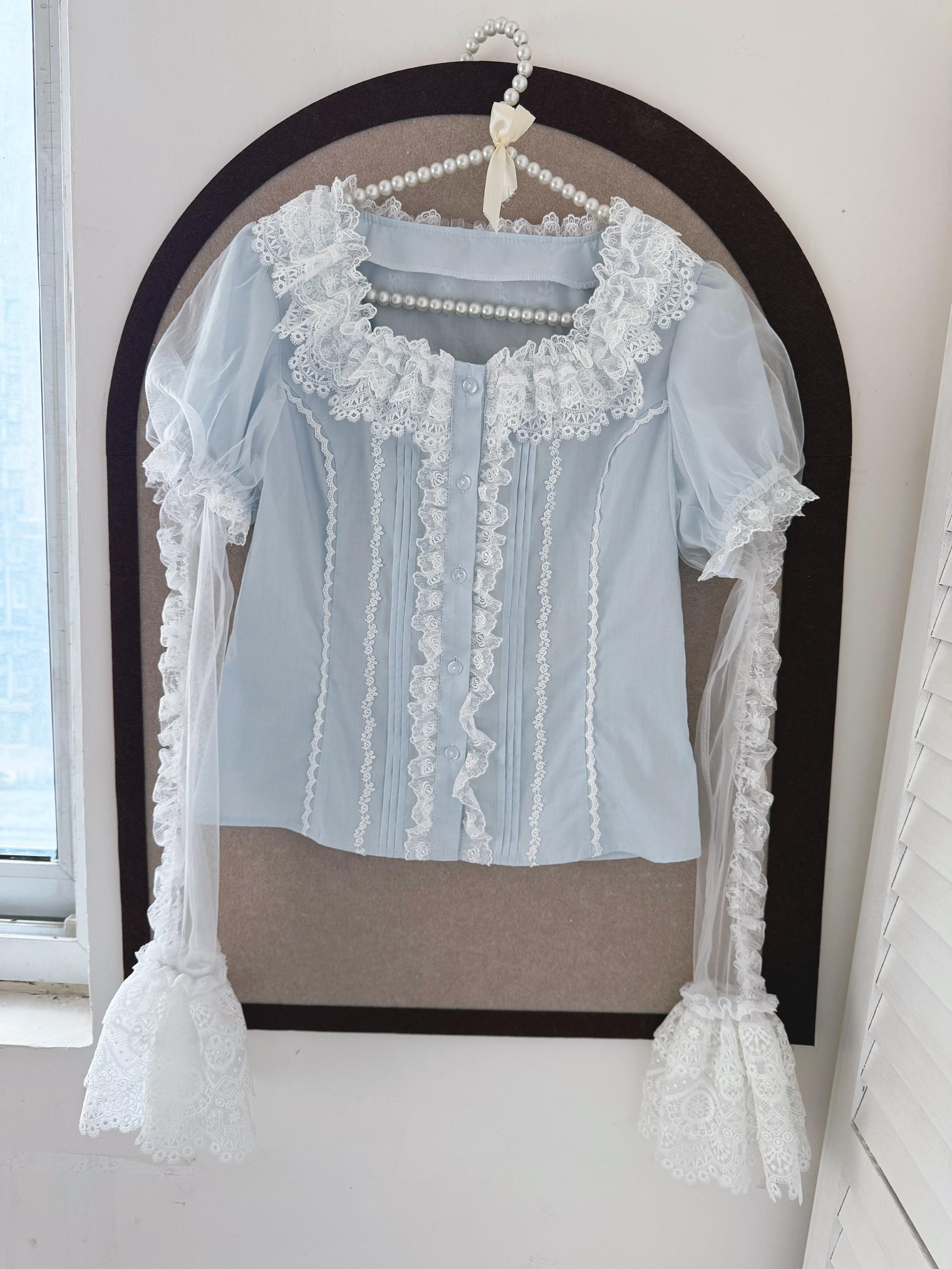 Frosted Starlight - Old School Lolita Blouse, Detachable Sheer Sleeves (Blue / 2XL L M S XL XS) 44613:814461