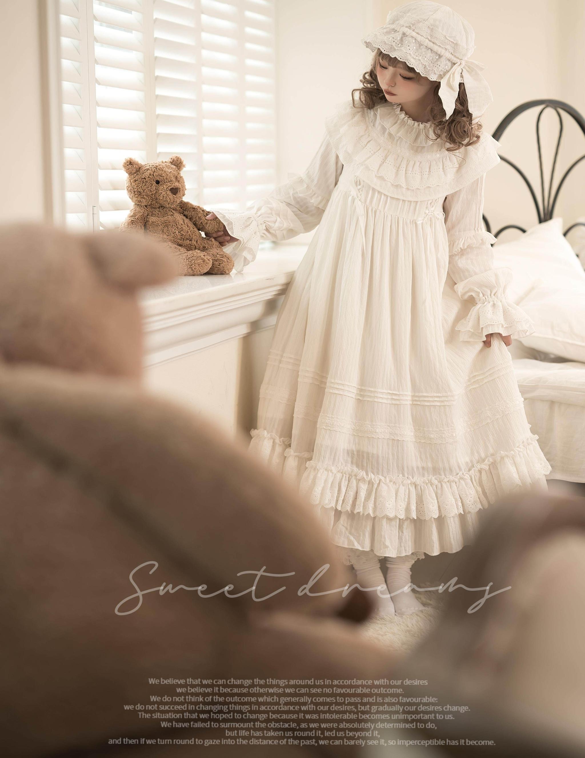 White Goodnight - Doll-like White Long Lolita OP with Ruffles 45535:852394